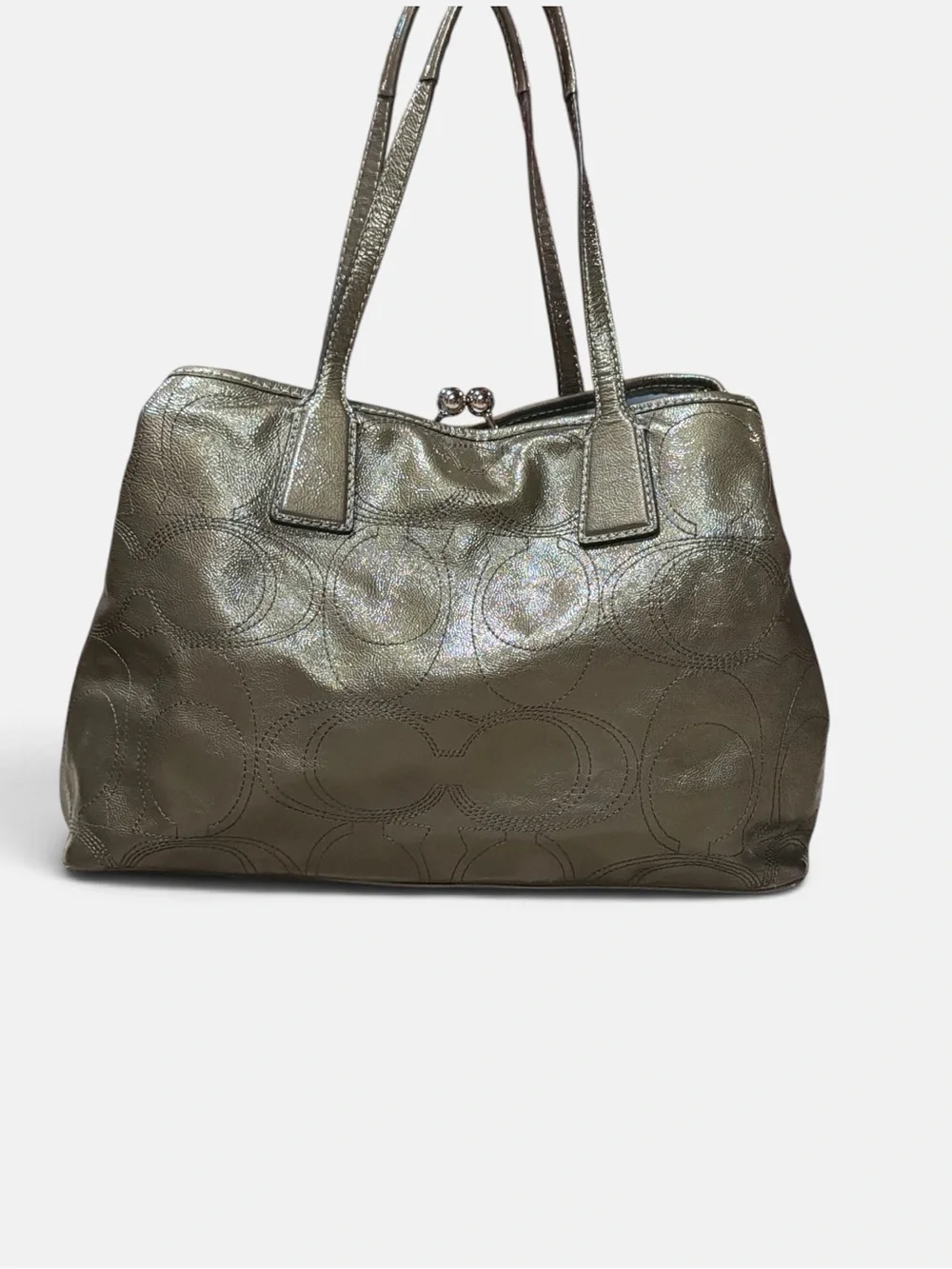 Coach Poppy Glam Tote F15658 Metallic Olive Patent Leather Kisslock Shoulder Bag